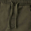 Olive jogger trousers close-up: elastic waistband with drawstring and stitched seams
