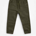 Olive baby jogger trousers front view with elastic cuffs and side pockets