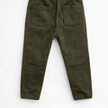 Olive baby jogger trousers back view with elastic waistband and rear patch pockets