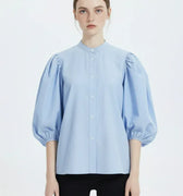 Sleeve Button-Up Shirt for Women - Light Blue - MEME