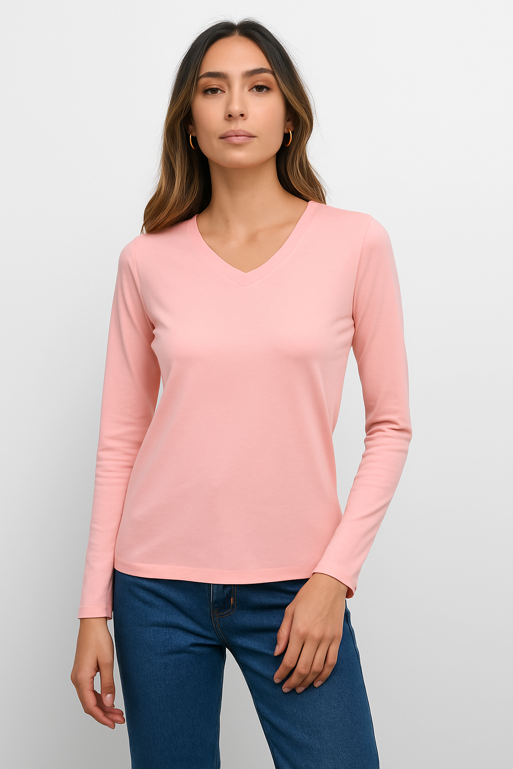 V-Neck Full Sleeves T-Shirt For Women - Pink