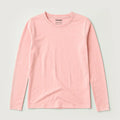Pink crew-neck long-sleeve T-shirt, flat lay with neckline label