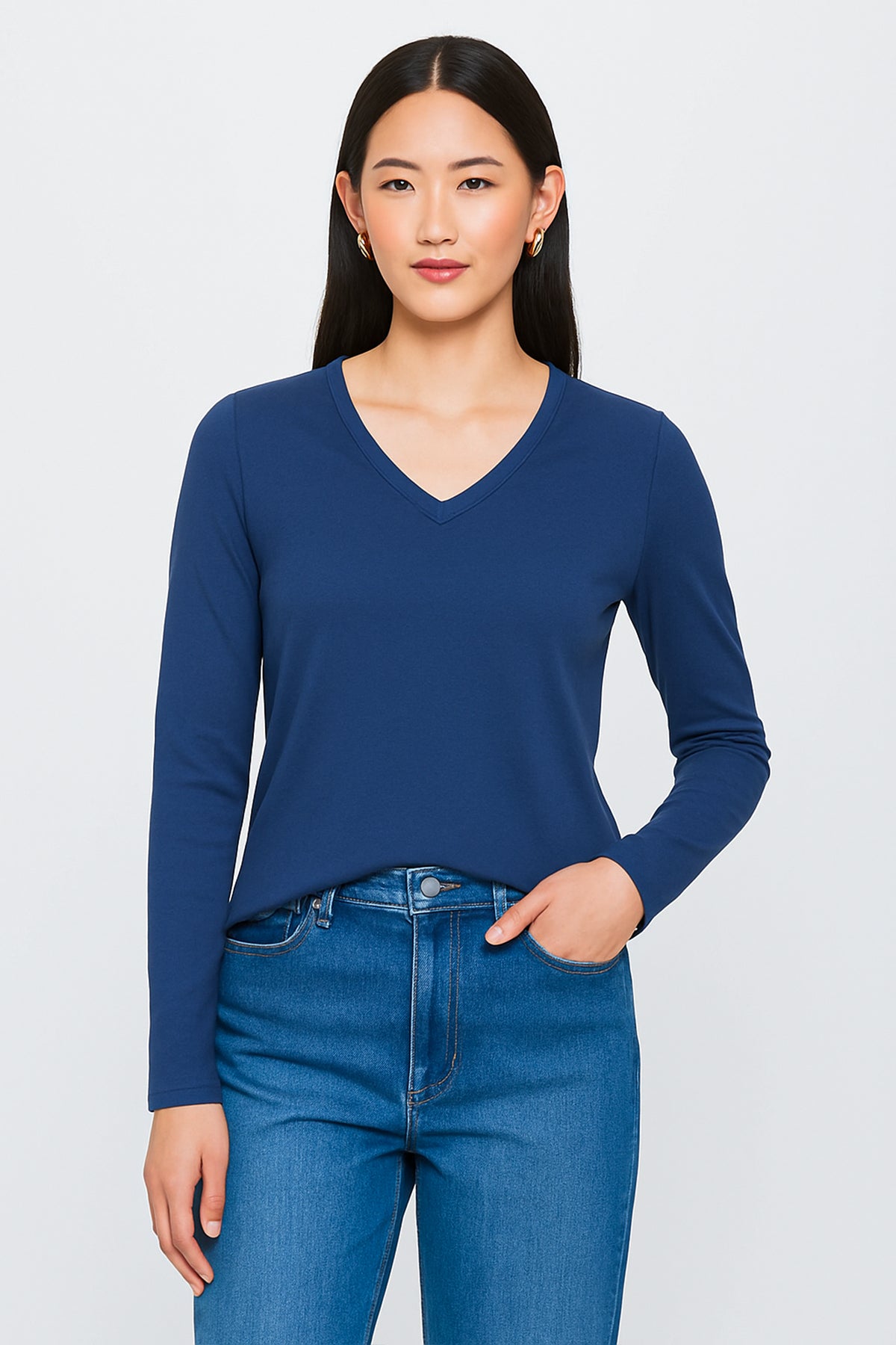 V Neck Shirt For Women - Navy