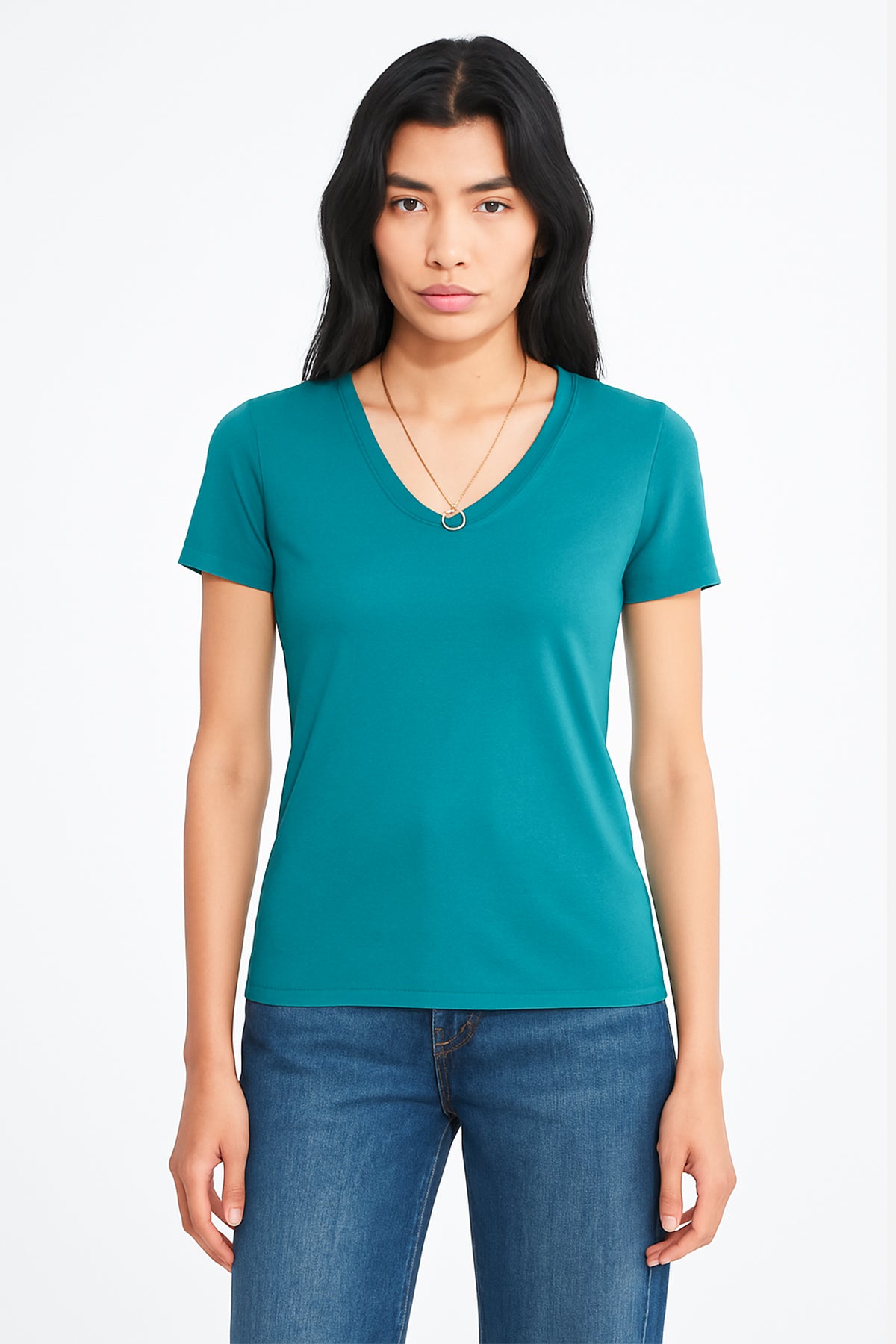 Basic V Neck T-Shirt For Women - Green