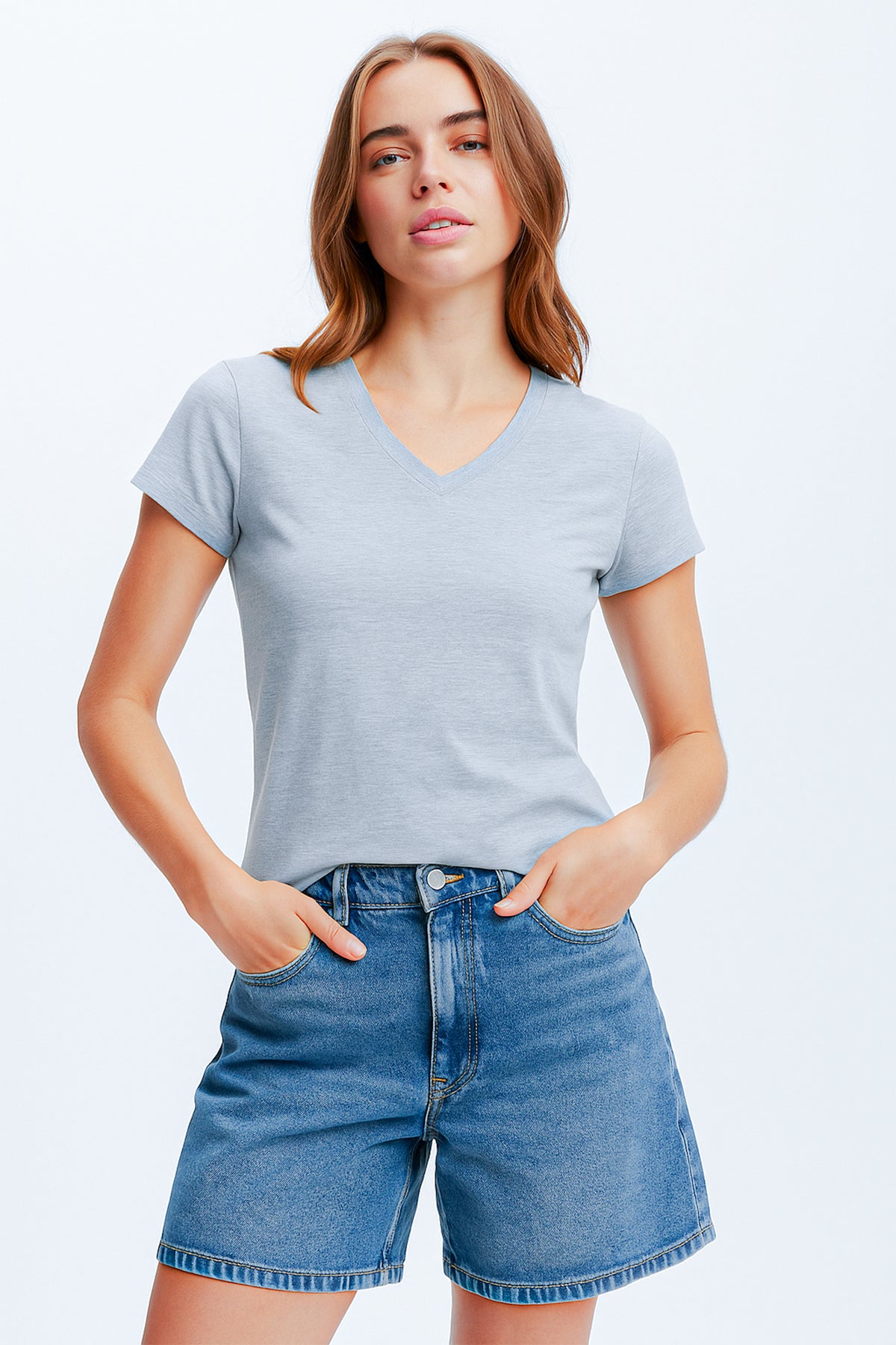 V Neck T-Shirt For Women - Grey