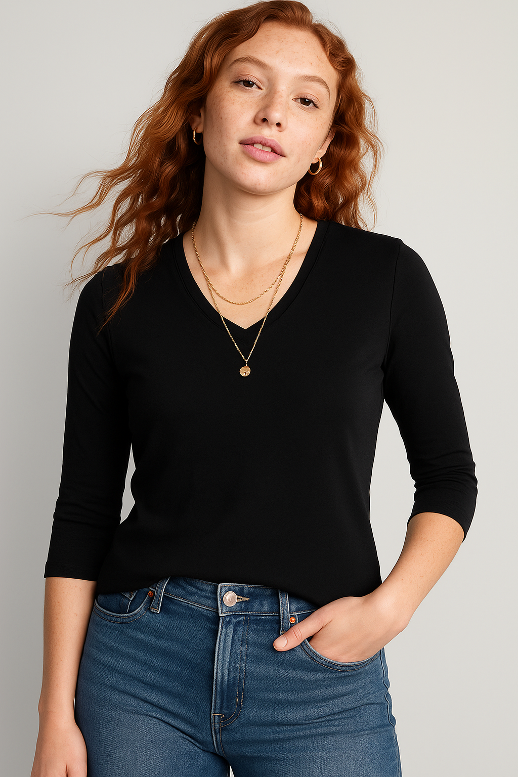 V Neck Tshirt For Women - Black