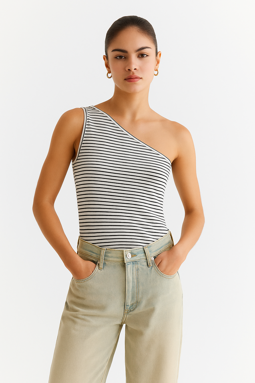 One Shoulder Top For Women - Black & White