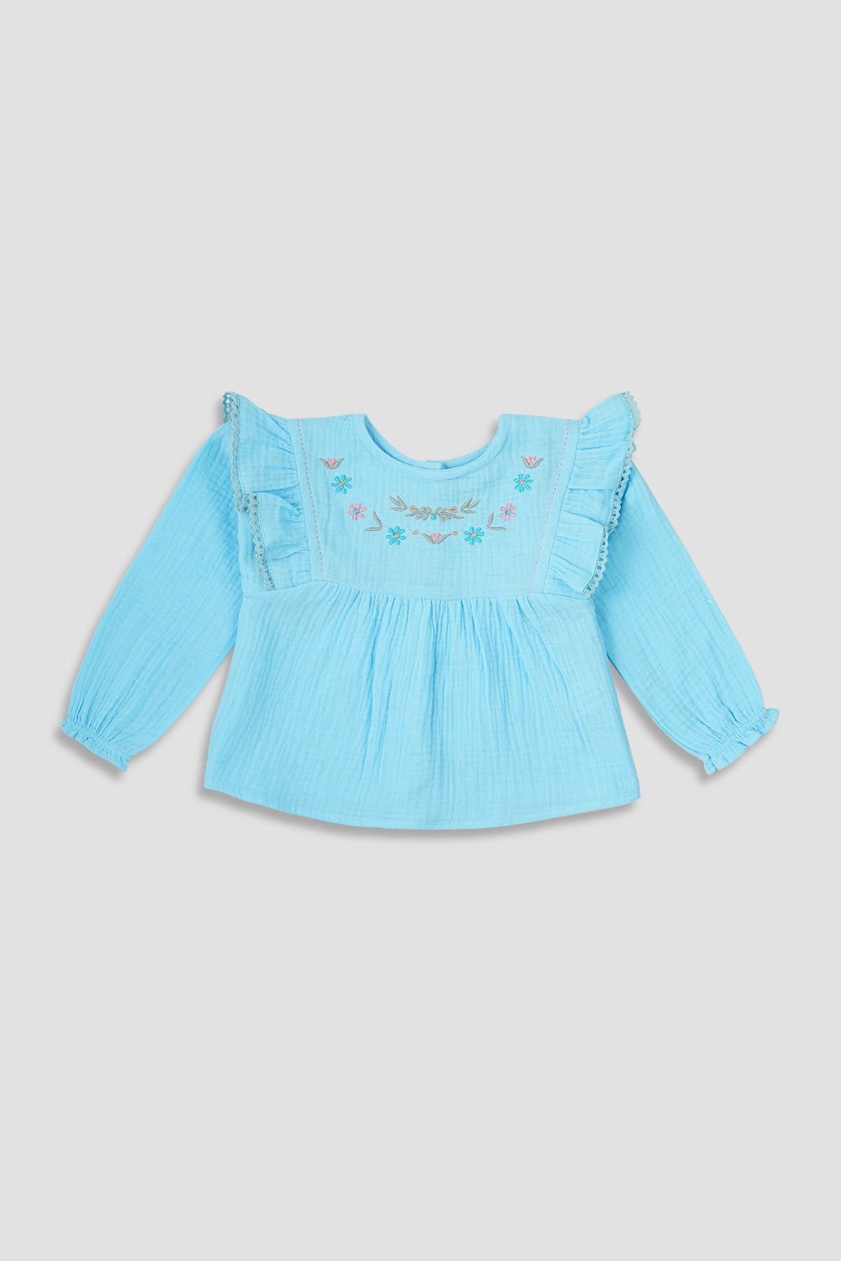 Embroidered Blouse for Baby Girl - Sky Blue