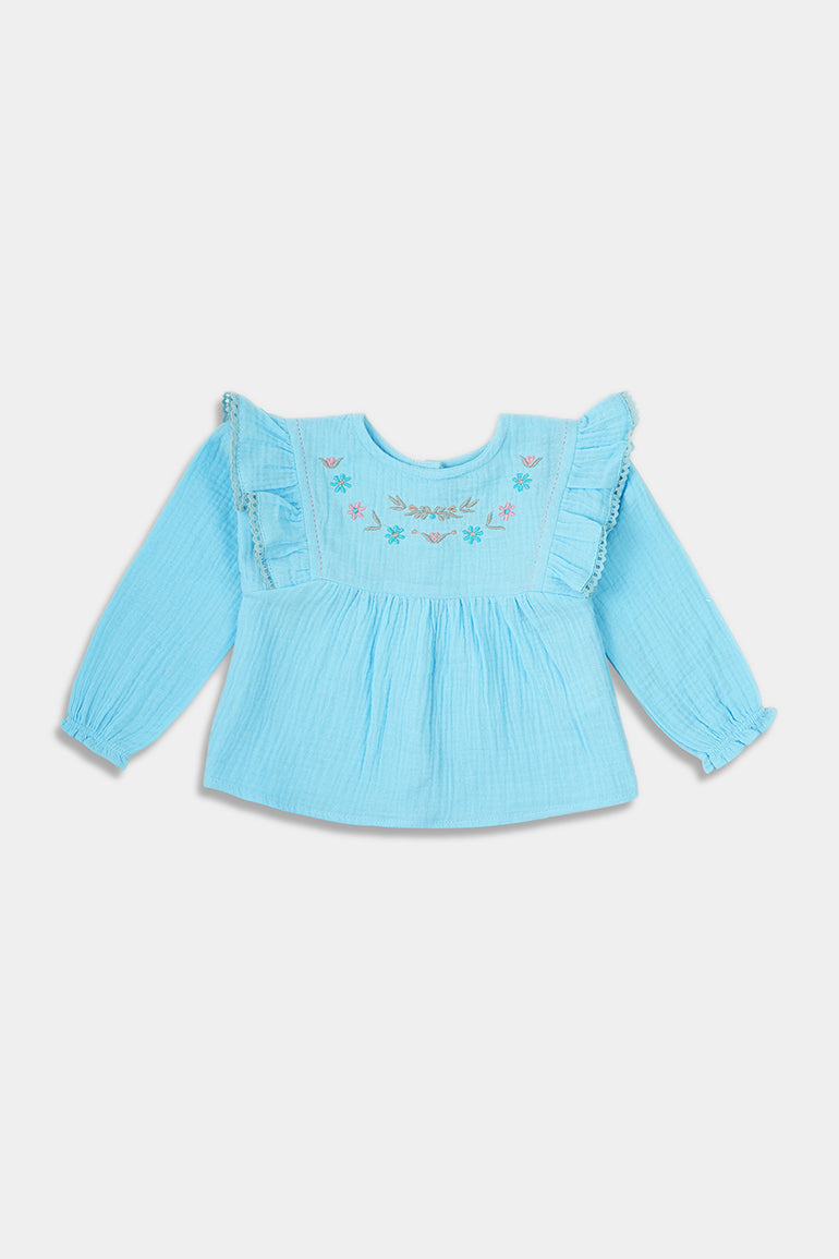 Embroidered Blouse for Baby Girl - Columbia Blue