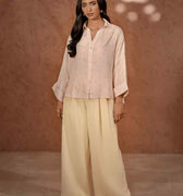 Women's wide-leg solid trousers, light cream, front view with wide relaxed waistband