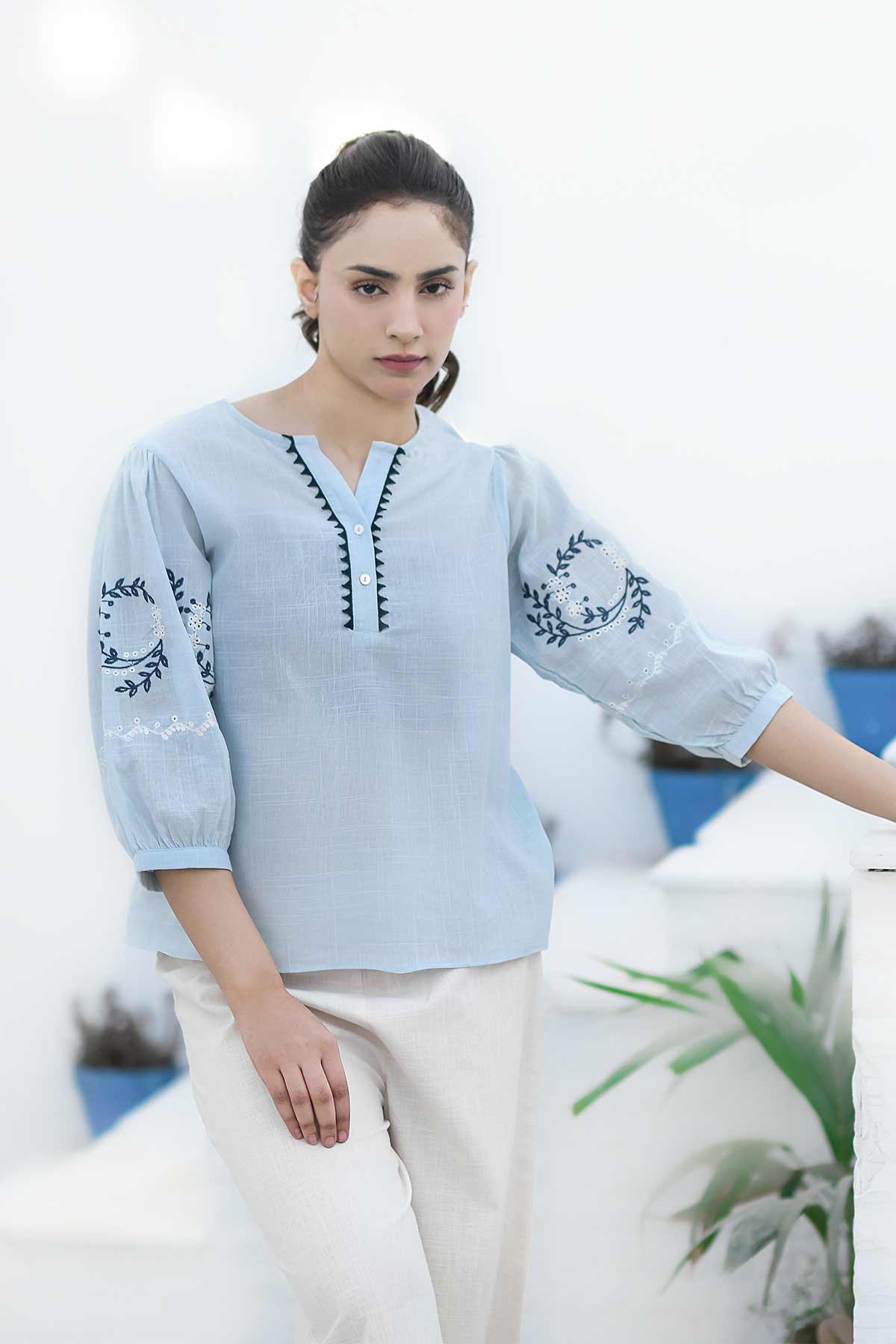 Embroidered Blouse - Light Blue