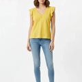 Flutter Sleeve V-Neck Top for Women - Yellow - MEME