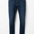 Dark blue slim-fit jeans with five-pocket design and button waist