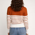 Women's striped pullover sweater in brown with white horizontal stripes, ribbed collar