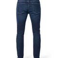 Dark blue slim-fit jeans back view with belt loops and stitched hem