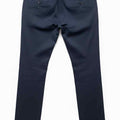 Navy slim-fit chinos with front pockets and back welt pockets