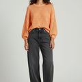 Women's peach knitted sweater, crew neck, long sleeves, cropped length