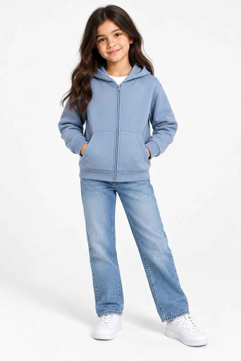 Blue girls' zip-up hoodie with hood, front zipper and relaxed fit
