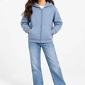 Blue girls' zip-up hoodie with hood, front zipper and relaxed fit