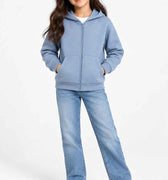 Blue girls' zip-up hoodie with hood, front zipper and relaxed fit