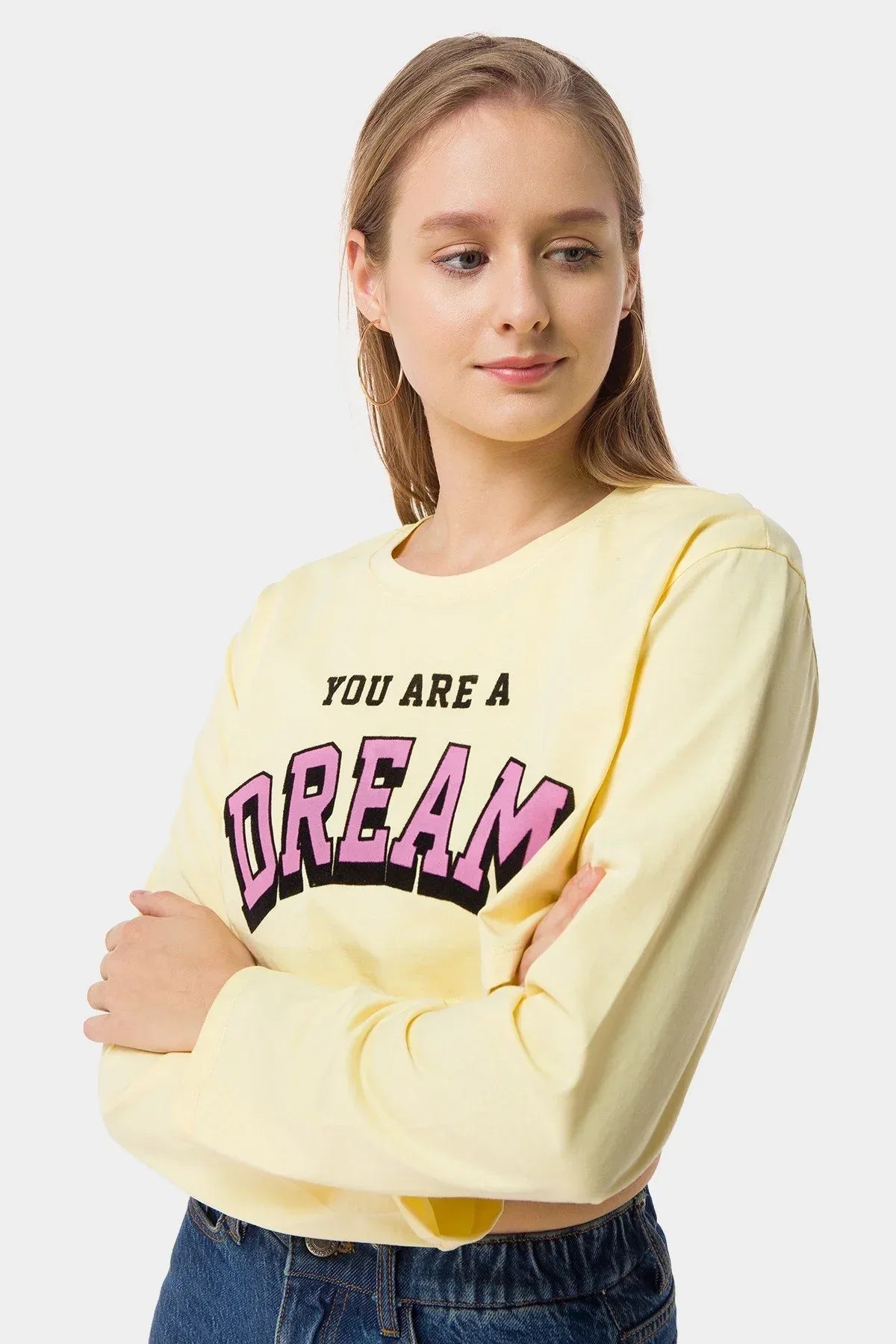 Printed Long Sleeve T-Shirt For Women - Yellow - MEME