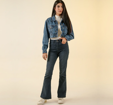 Cropped Denim Jacket For Women - Mid Blue