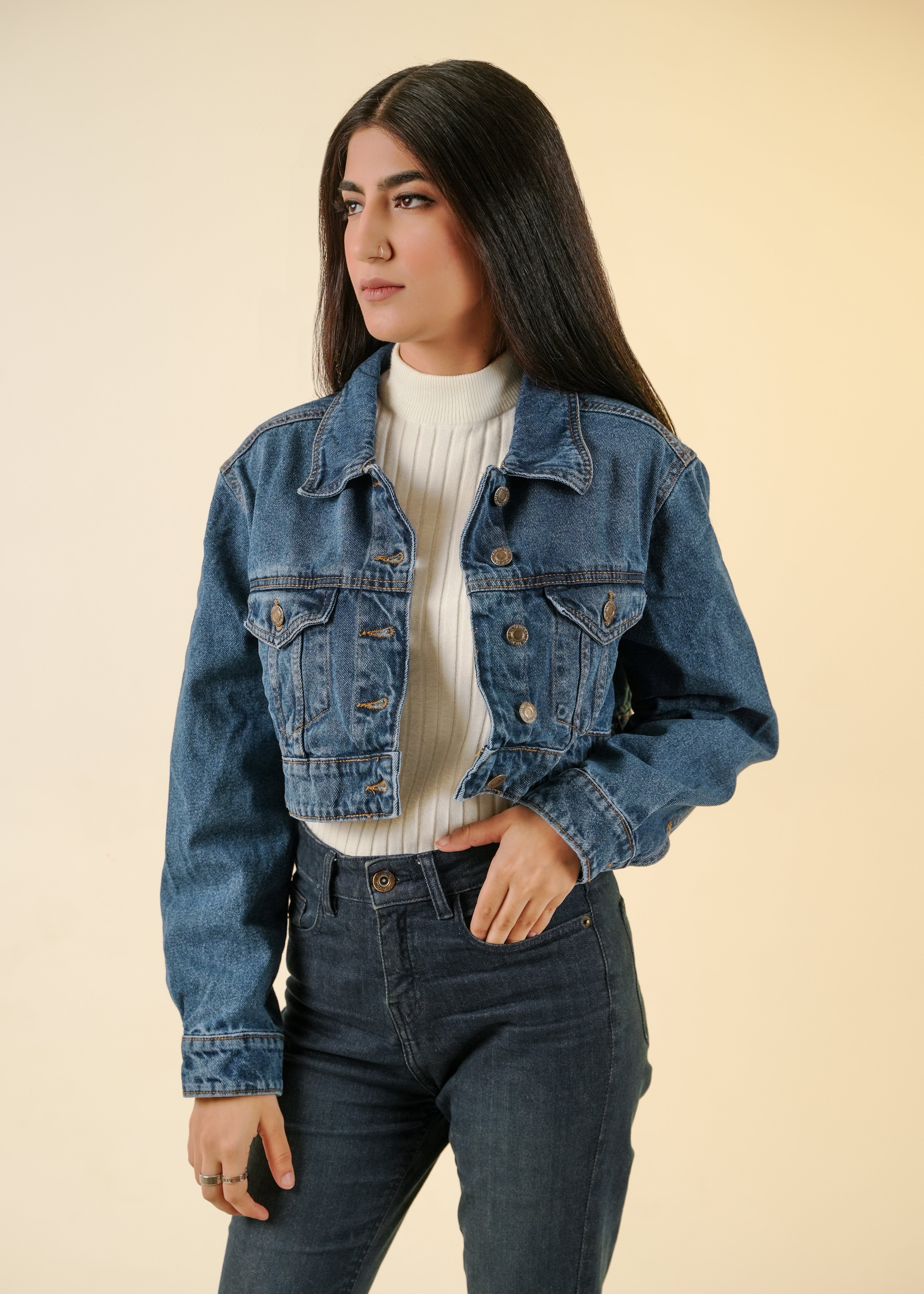 Cropped Denim Jacket For Women - Mid Blue