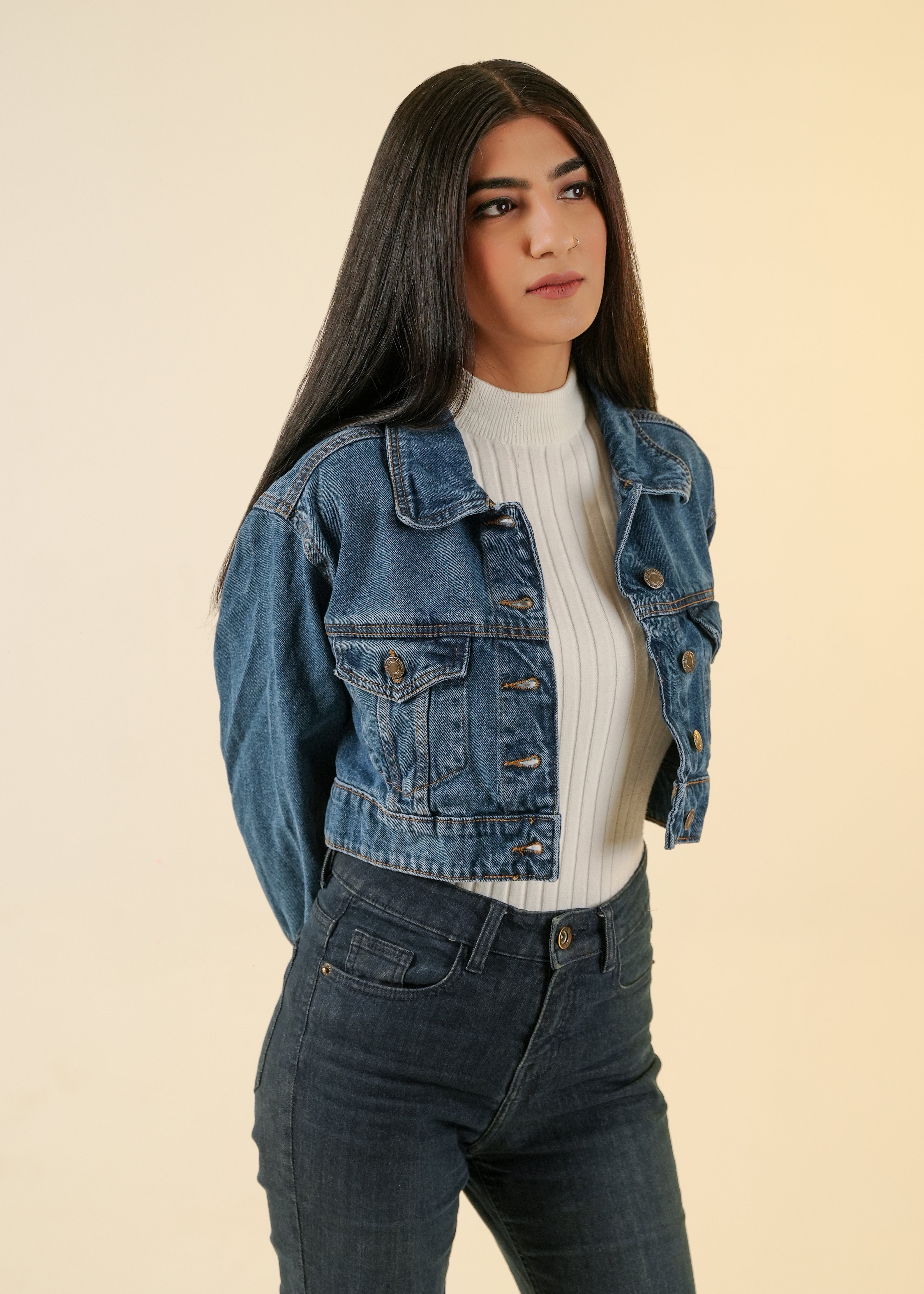 Cropped Denim Jacket For Women - Mid Blue 