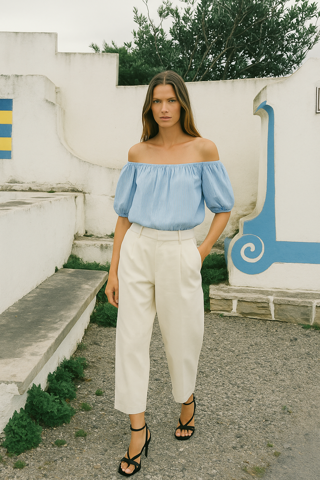 Off Shoulder Top for Women - Blue Stripe
