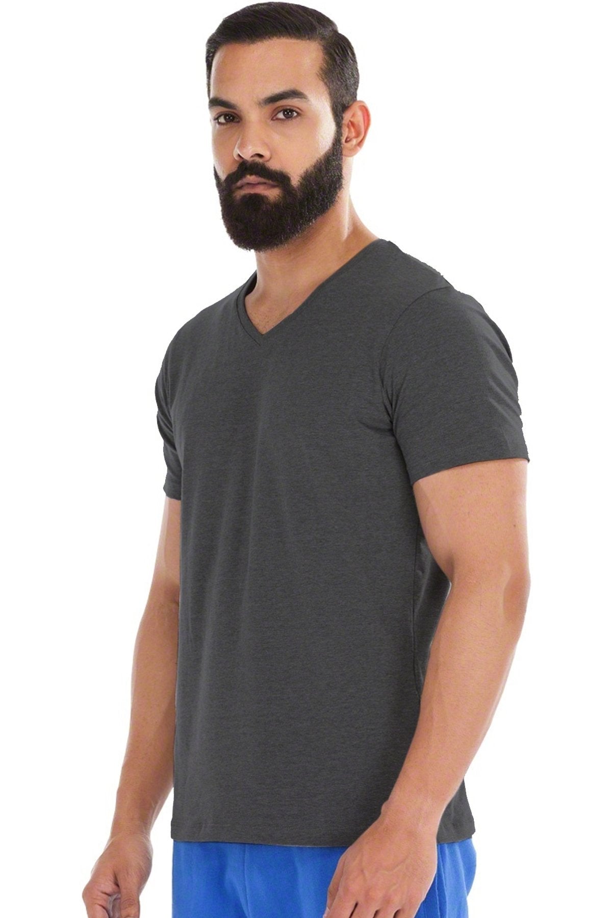 Solid V Neck T-Shirt For Men - Charcoal 