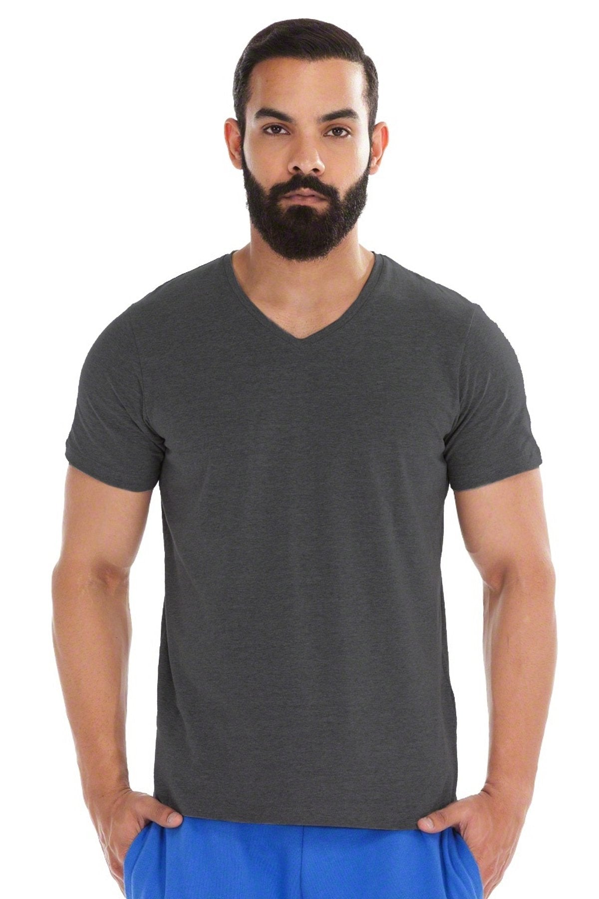 Solid V Neck T-Shirt For Men - Charcoal 