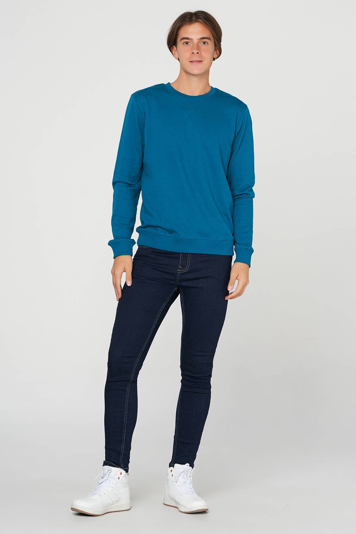 Crew Neck Solid Sweatshirt For Men - Teal Blue 