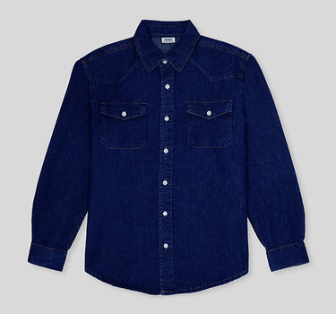 Flap Pocket Denim Spread Collar Shacket For Men - Dark Blue 