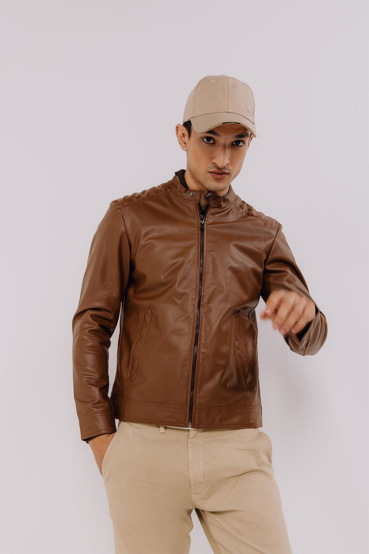 Leather Stand Collar Welt Pockets Jacket For Men - Brown