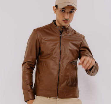 Leather Stand Collar Welt Pockets Jacket For Men - Brown 