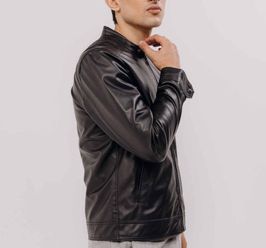 Leather Stand Collar Welt Pockets Jacket For Men - Black 