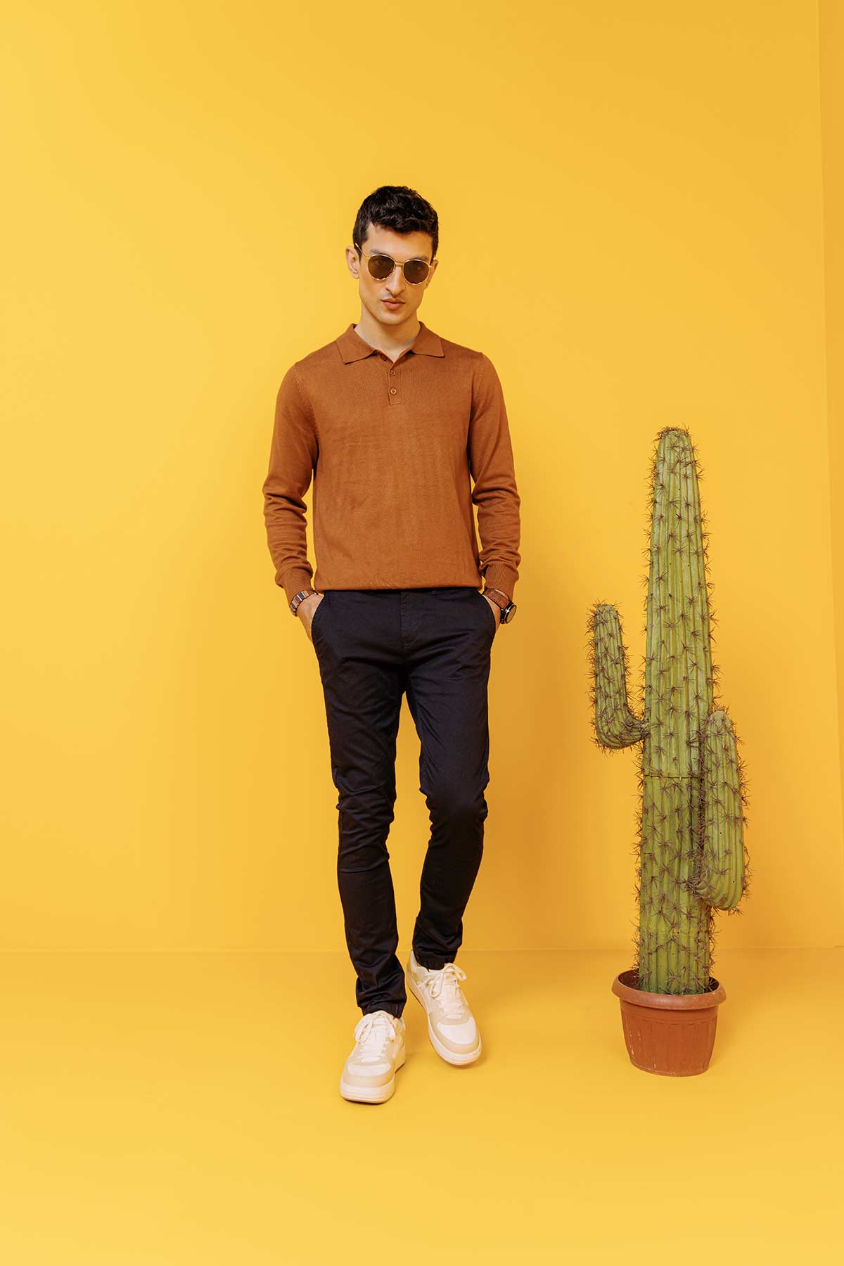 Solid Polo Sweater For Men - Brown