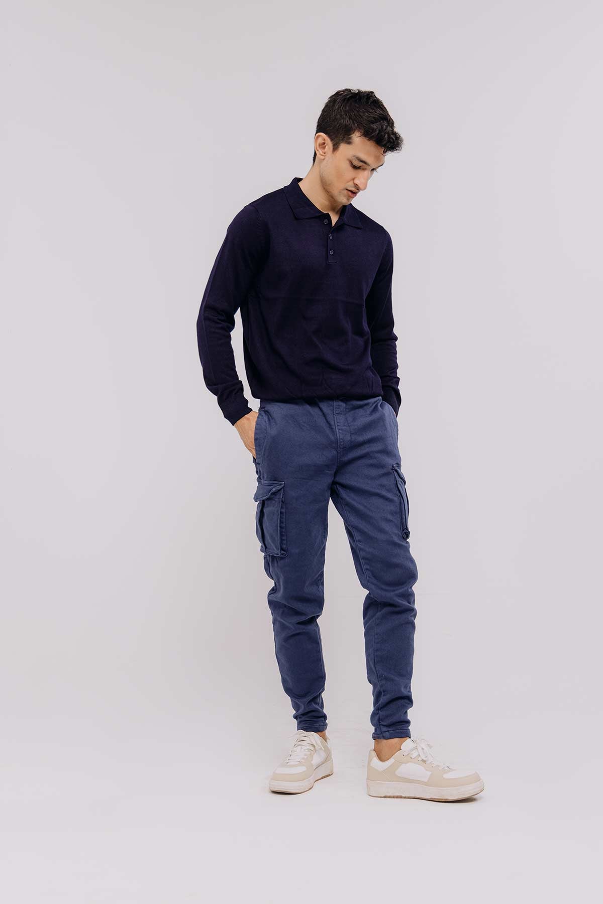 Solid Polo Sweater For Men - Navy