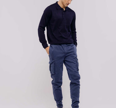 Solid Polo Sweater For Men - Navy 