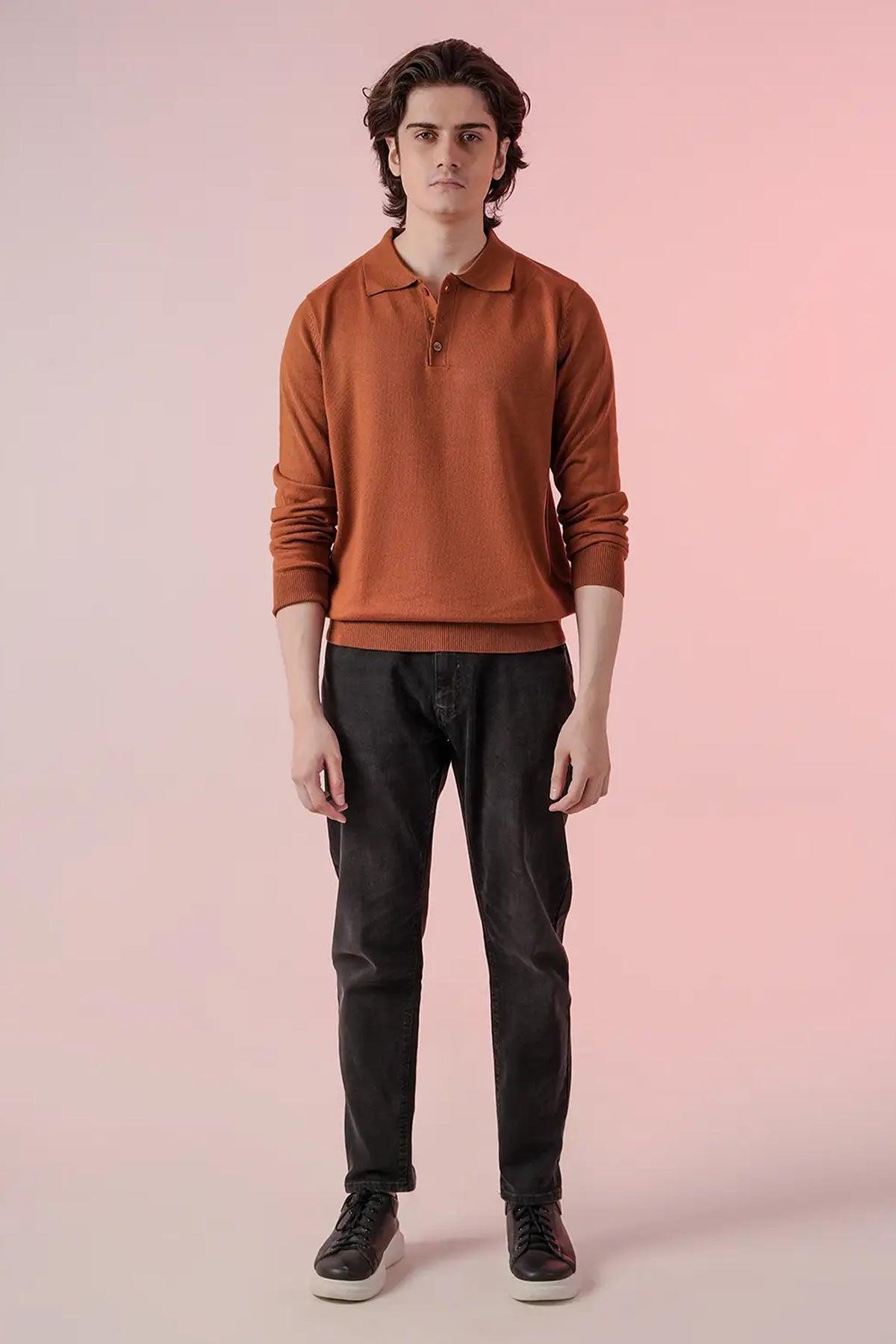 Polo Sweater For Men - Brown Rust