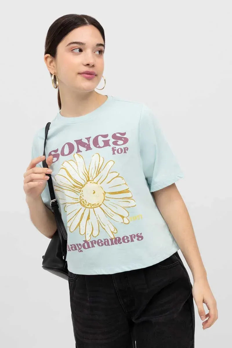 Printed T-Shirt For Women - Light Blue - MEME