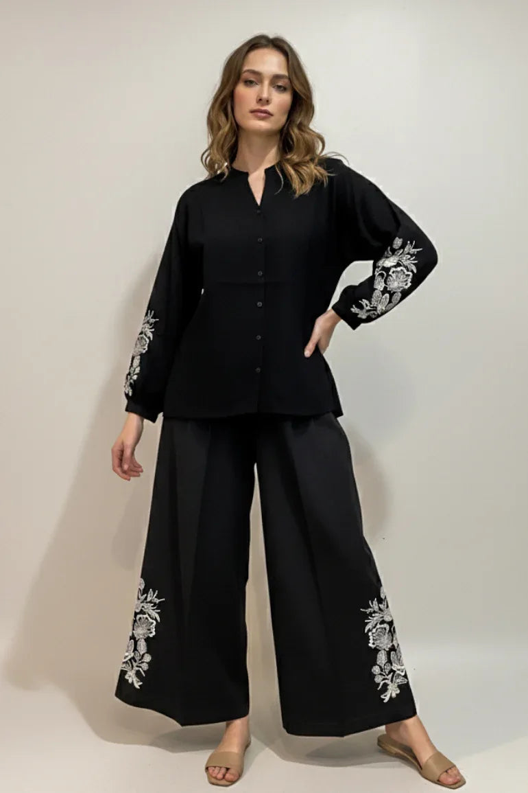 Embroidered Co-ord Set For Women - Black - MEME