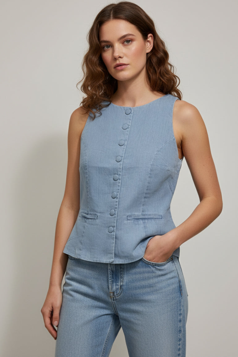 Sleeveless Button-Front Top For Women - Light Blue