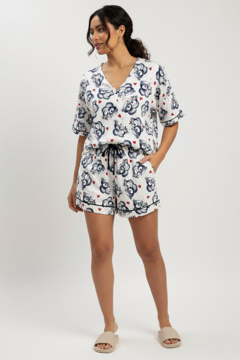 Bear Print Pajama Set For Women - White