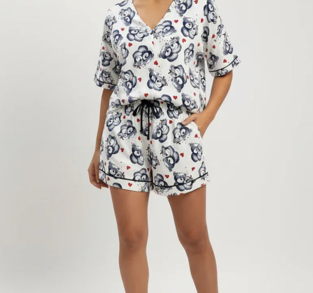Bear Print Pajama Set For Women - White - MEME