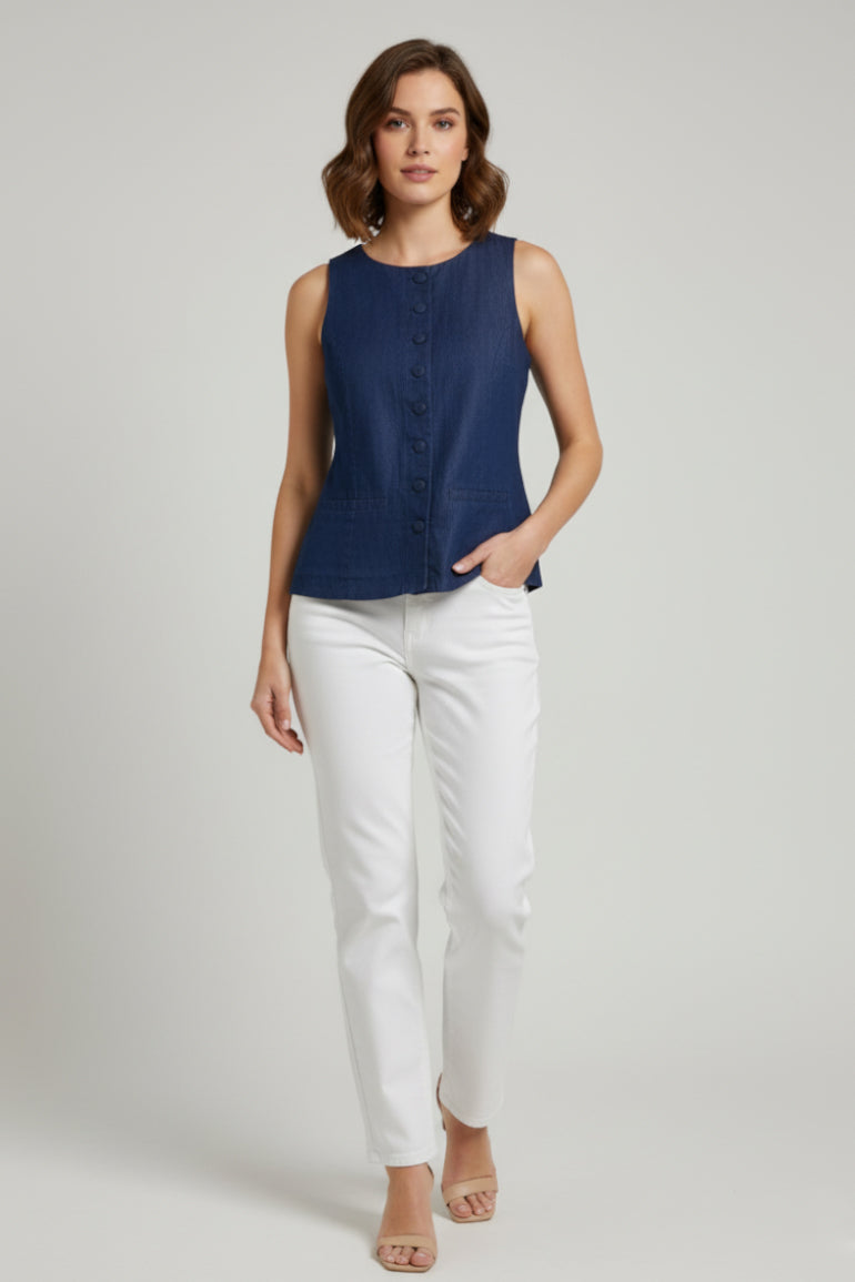 Sleeveless Button-Front Top For Women - Blue