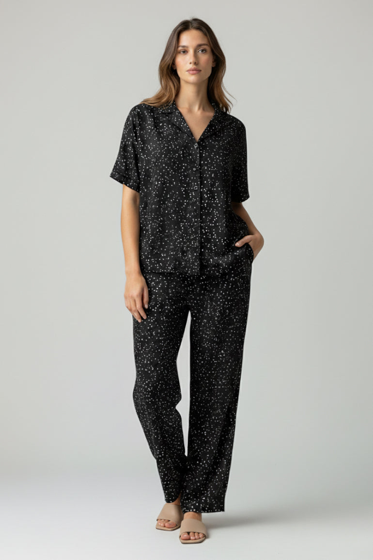 Star Print Pajama Set For Women - Black