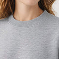 Heather grey crewneck sweatshirt knit with ribbed neckline, close-up