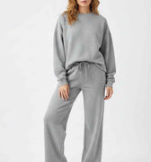 Women's heather grey co-ord set: crewneck sweatshirt with drawstring wide-leg pants
