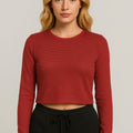 Striped Crop T-Shirt Long Sleeves For Women - Maroon - MEME